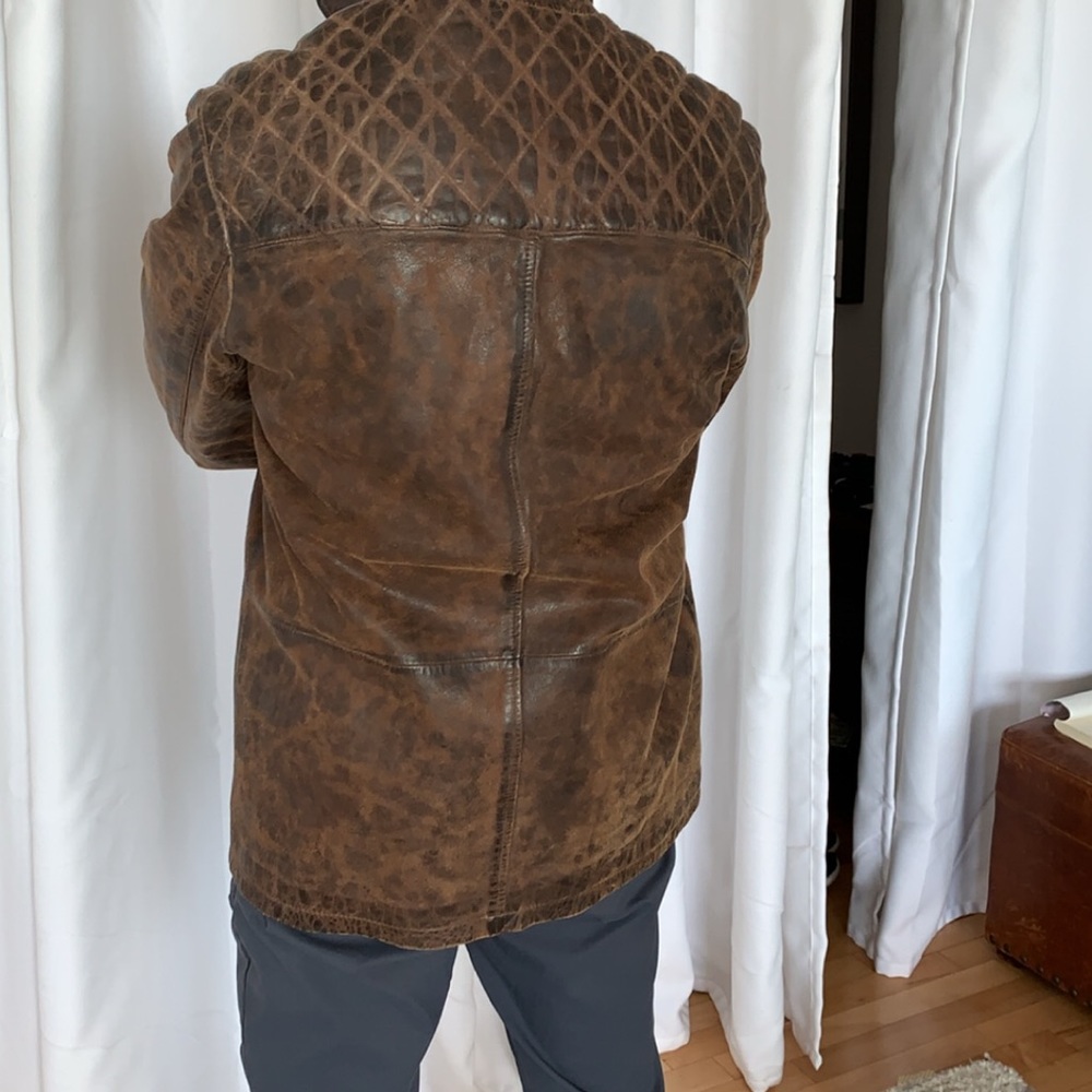 Orvis Brown Leather Pea Coat with Plaid Lining - Picture 6 of 8